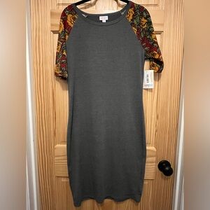 LuLaRoe Julia Dress, Size M, Gray w/ Red/Gold Floral Raglan Short Sleeves, NWT